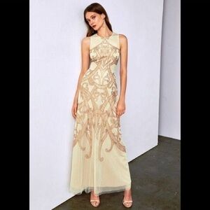 NWT BCBGMaxAzria Champagne “Acotas” Lace-Appliqué Formal Gown Size 10